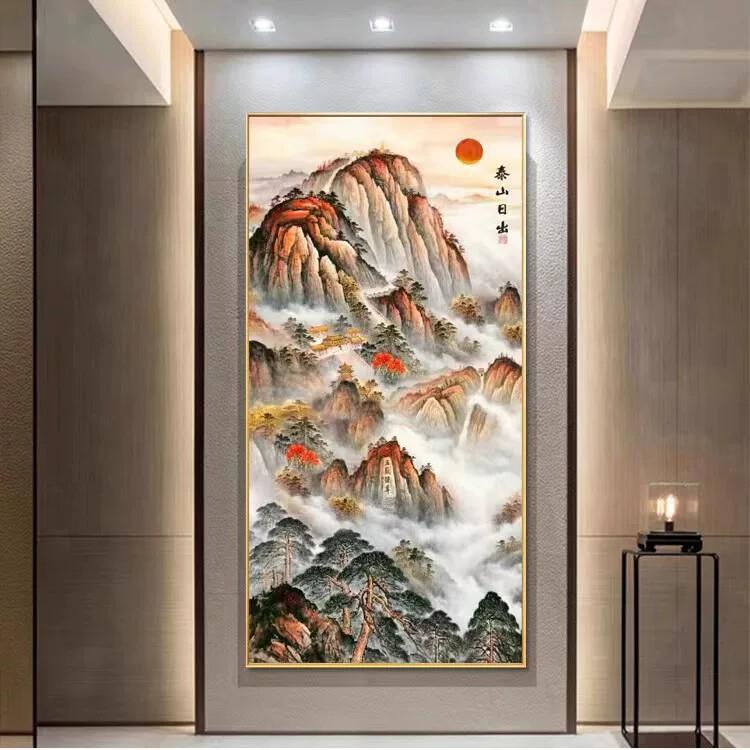 靠山图有山无水画入户玄关过道旭日东升泰山日出风水招财壁画挂画