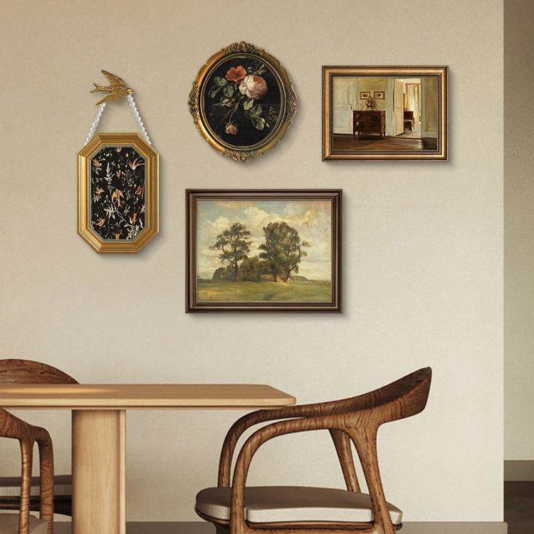 餐厅装饰画法式中古风没事挂画复古油画布饭厅餐桌客厅组合艺术壁