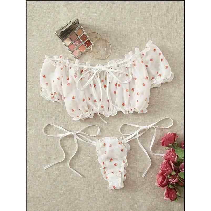 Printed mesh one-shoulder slim bikini印花网纱一字肩修身泳衣