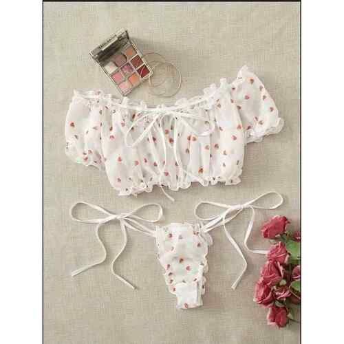Printed mesh one-shoulder slim bikini印花网纱一字肩修身泳衣