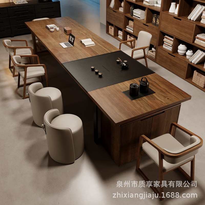 实木茶桌椅组合茶室带茶盘烧水壶嵌入式酒店大堂办公茶台一体两用