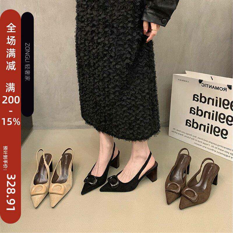 香港韩版气质包头凉鞋女春夏季2026新款时尚粗跟后绊带尖头高跟鞋