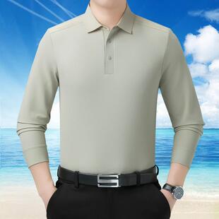 季恤新款袖桑蚕5595-P秋长丝中年男士翻领纯色休闲时尚体恤衫