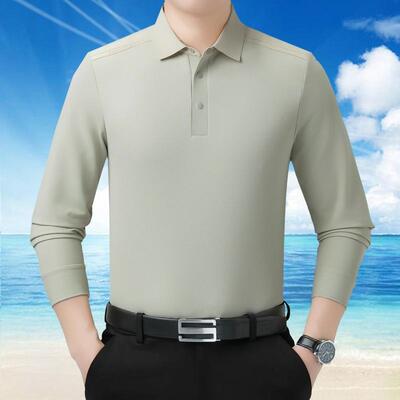 5595-P秋季新款长桑蚕丝中袖男年翻领恤纯色休士闲时尚体恤衫