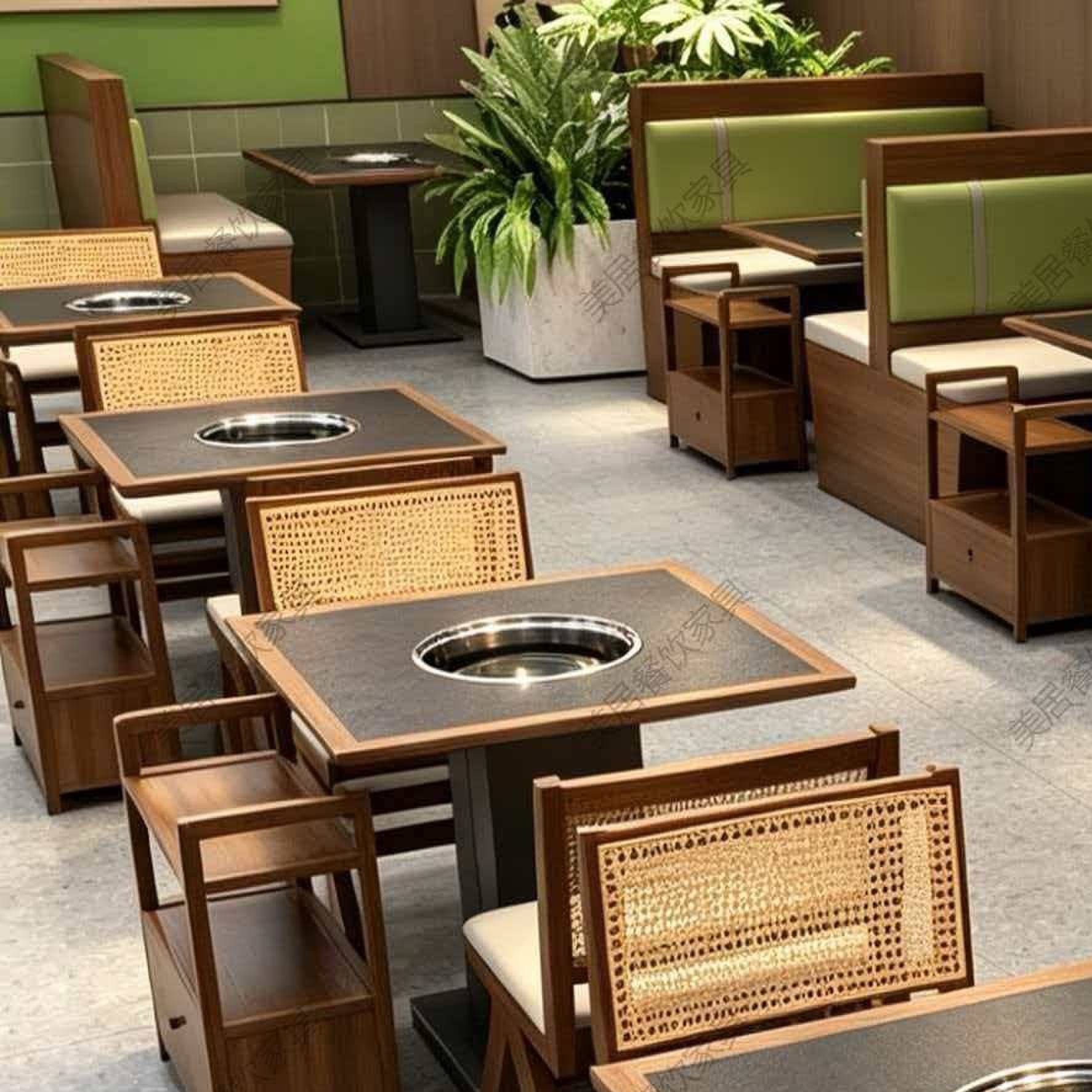 实木火锅桌子电磁炉一体煤气灶串串桌饭店餐饮店火锅烤肉桌椅商用
