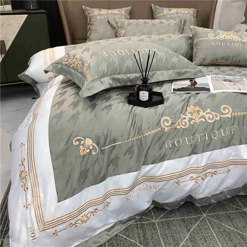 高档轻奢贡缎提花纯风四套简约棉刺绣全棉被套床笠欧式冰丝件床上