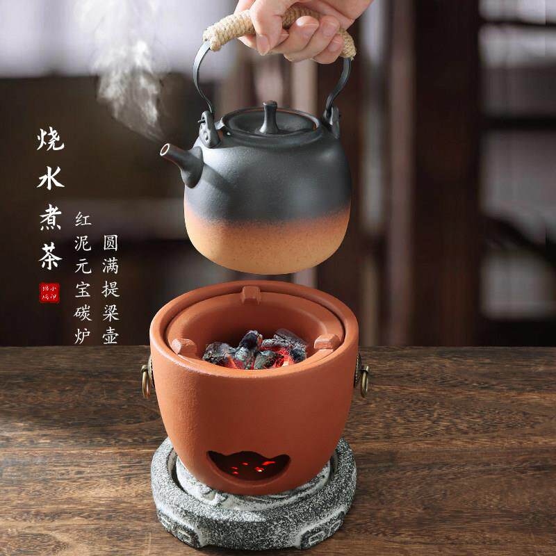 手工小炭炉红泥户外木碳烤炉潮汕潮州工夫陶瓷壶围炉煮茶烤火炉套