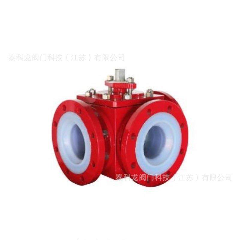 Q44F46PTFEFEPPFAF501手动钢衬四氟四通法兰球阀