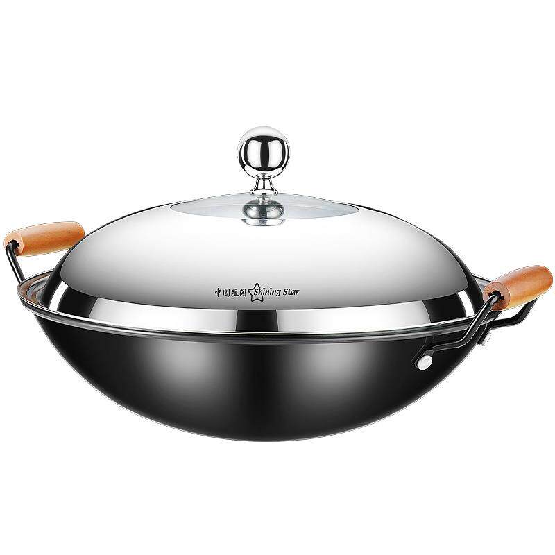 双耳熟铁炒锅圆底轻便铁锅无涂层燃气大铁锅家用耐锈炒菜锅