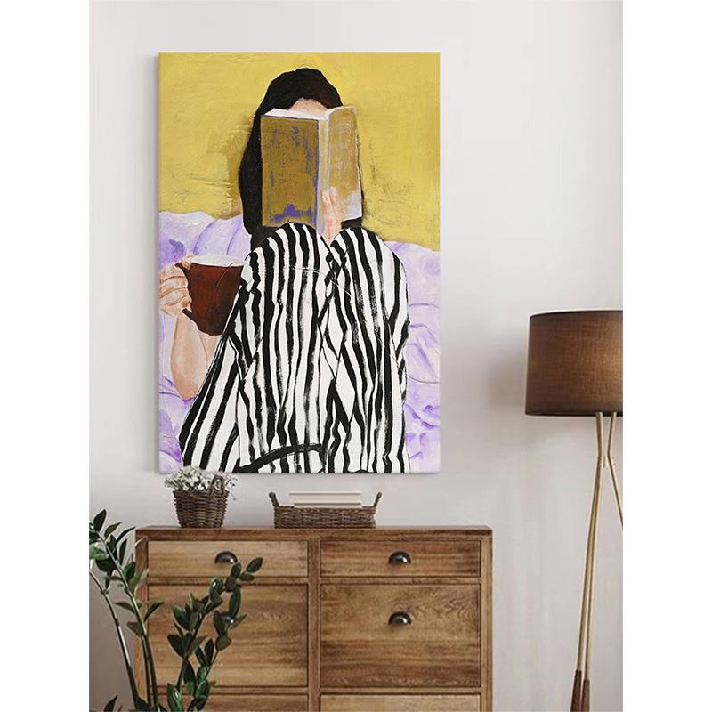 慵懒看书少女客厅装饰画 画玄关人物手绘油画 画卧室北欧挂画 画