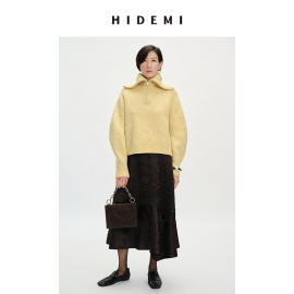 hidemi美利奴羊毛缩绒圈圈粗针厚款拉链立领茧型袖毛衣