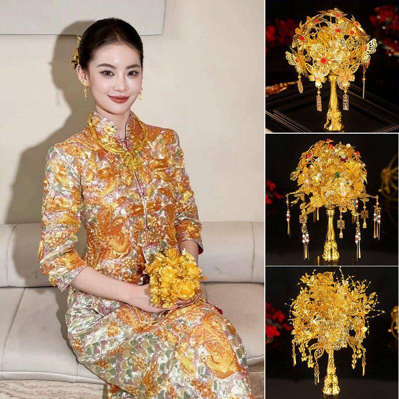 新款中式仿金花朵新娘手捧花新中式风格适配龙凤褂秀禾服婚礼配饰