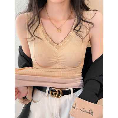 冬季加绒加厚保暖背心女带胸垫蕾丝V领内搭修身弹力上衣打底1028e