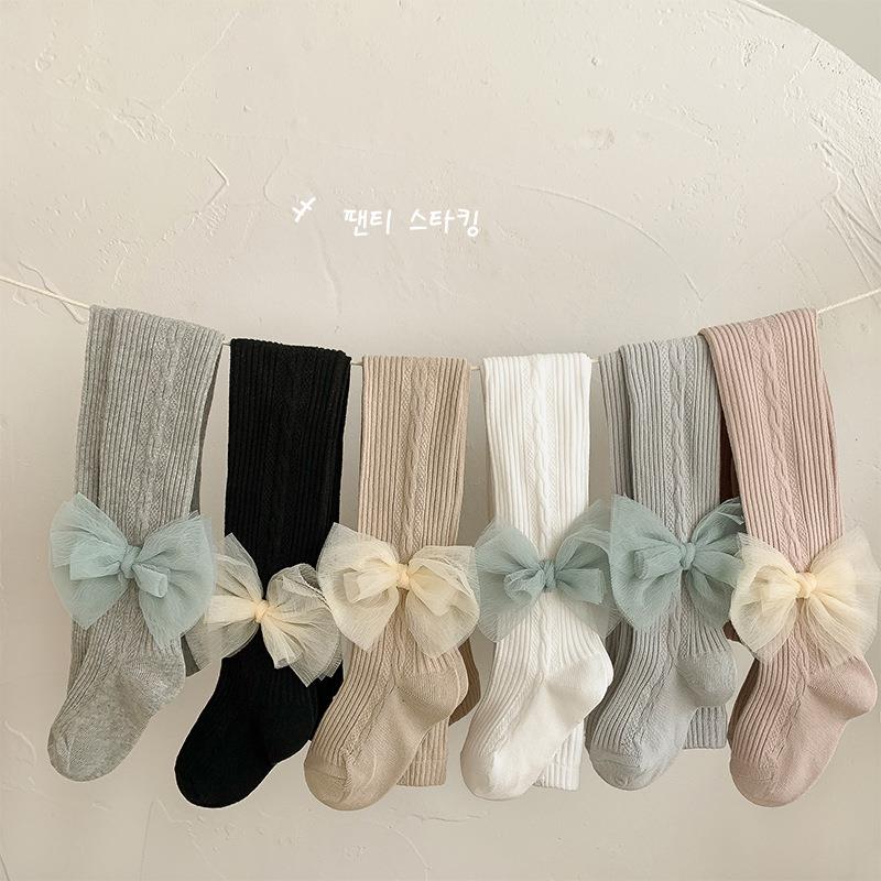 儿童连裤袜婴儿春秋宝宝打底袜纱蝴蝶结条纹连体袜女童打底裤