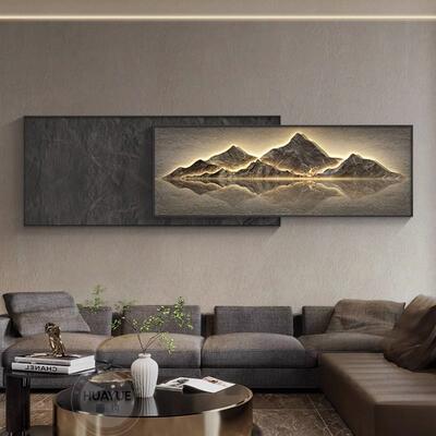 现代轻奢客厅水装饰画挂YTR-2947背有靠山沙发背画景墙挂大气山壁