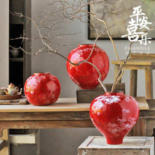 景德镇新中式插花陶瓷国潮红色喜庆台面花瓶酒店餐厅别墅装饰摆件