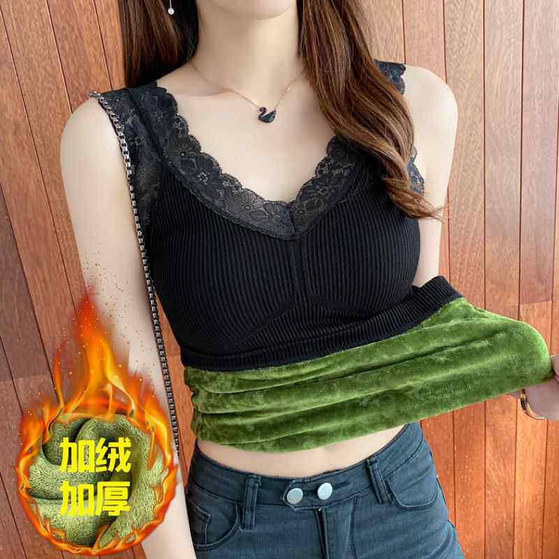 新款直销保暖加厚加绒背心女秋冬带胸垫蕾丝V领内搭吊带打底衫女