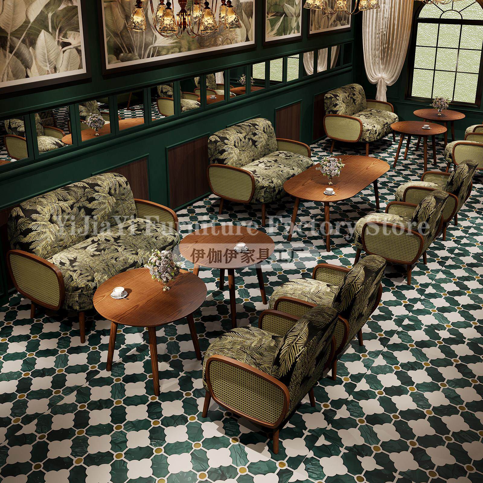 覆古沙发椅中古沙发饭厅餐桌椅组合餐饮咖啡商用法式实木编藤沙发