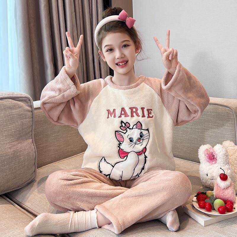 儿童法兰绒睡衣秋冬季女童可爱卡通发热衣裤中大童女孩圆领家居服