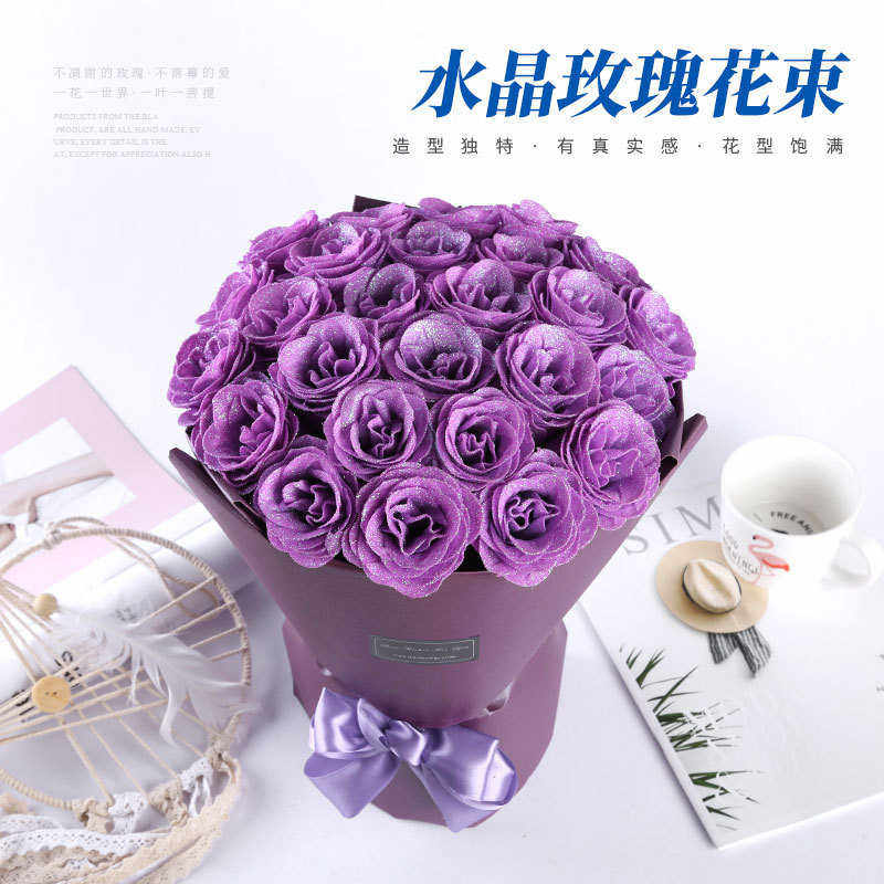 现货供应水晶金粉玫瑰花婚庆促销活动假仿真花束六层水晶玫瑰花束