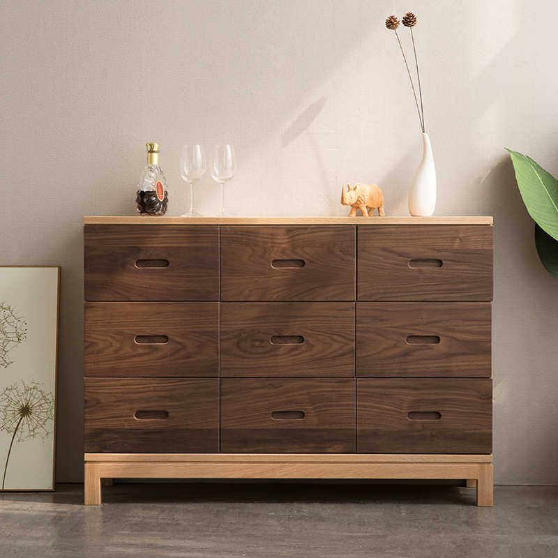 美式原木黑胡桃白蜡木轻奢北欧抽屉柜斗柜日式卧室实木储物九收纳