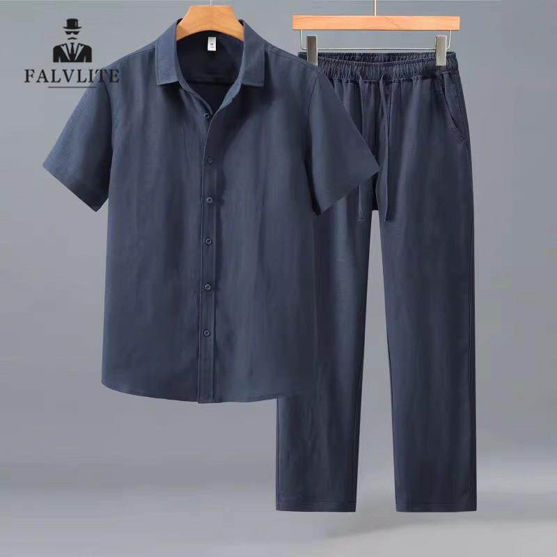 FALVLITE简约夏季亚麻料短袖衬衫男士高端纯色宽松休闲长裤套装