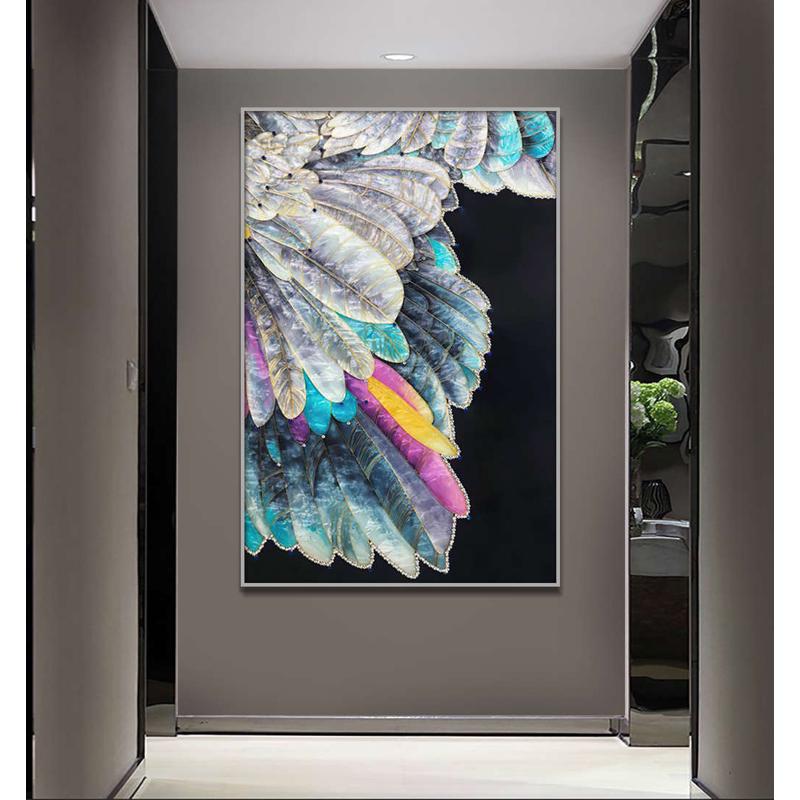 玄关画彩色羽毛手工镶钻晶瓷画轻奢装饰画非珐琅彩客厅挂画高级感图片