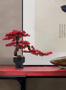 新中式创意红色枫叶仿真树盆栽摆件客厅室内桌面摆设茶室玄关软装