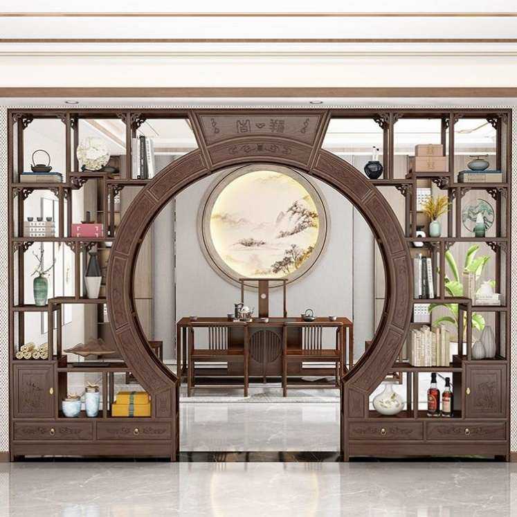 实木月洞门博古架新宝阁拱门月亮门客厅双圈圆形中式物架多隔断置