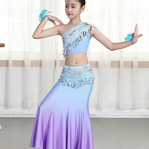 高档贝叶飘香》新款童傣族舞蹈儿演出服《女傣族孔雀舞童包臀鱼尾