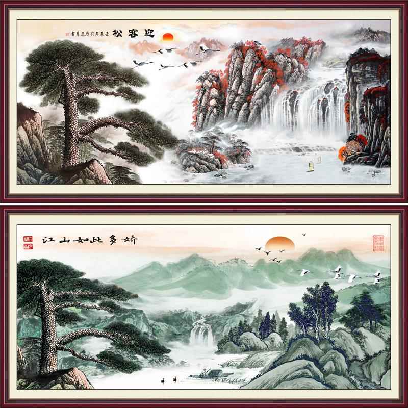现代新中式墙布山水风景壁画中堂客厅沙发办公室背景装饰画迎客松