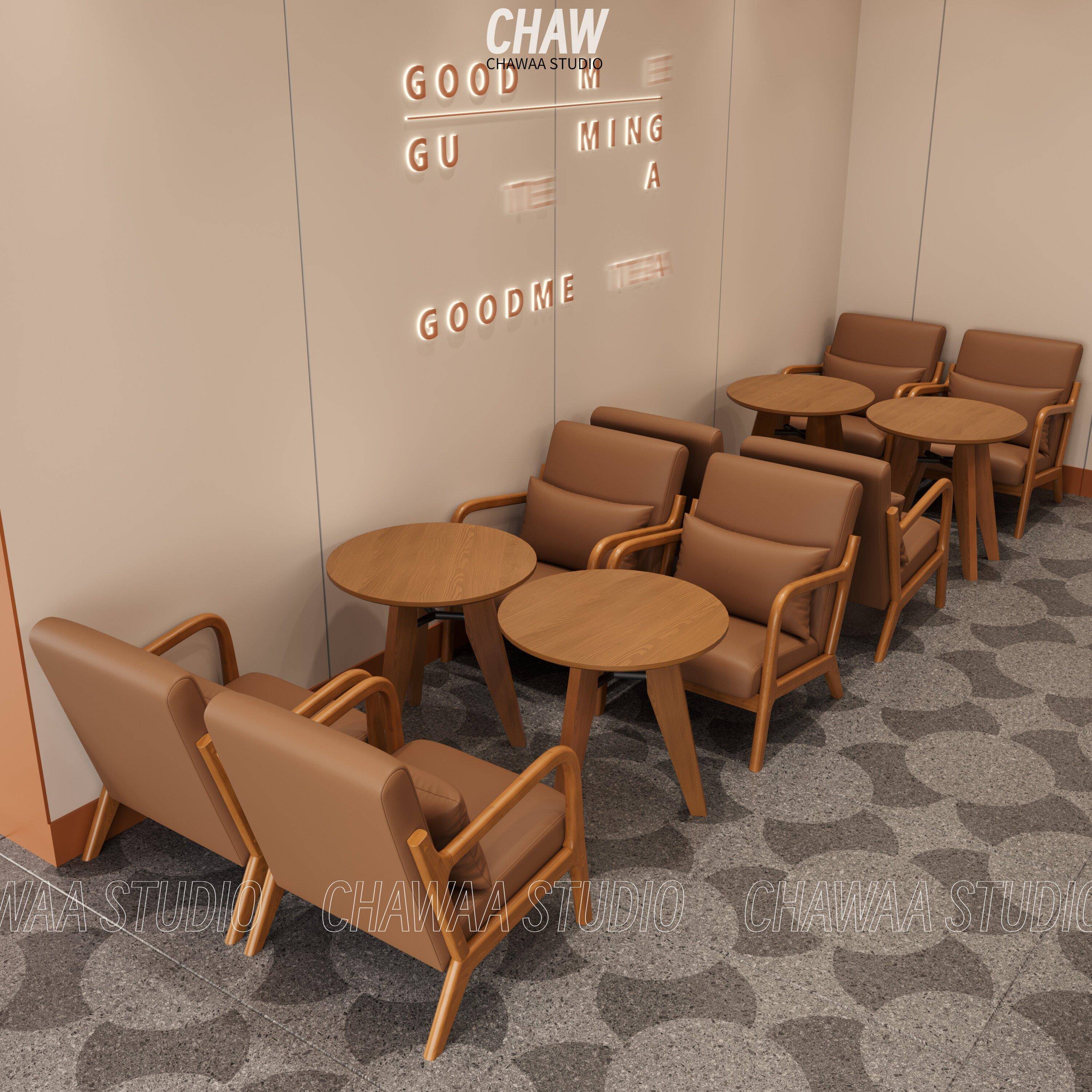 奶茶店沙发椅咖啡厅酒吧阳台酒店休息区接待洽谈实木皮艺桌椅组合