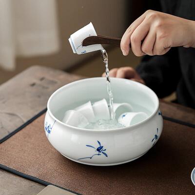 羊脂玉中国白茶洗 釉下纯手绘蝴蝶兰杯洗茶渣桶 水盂建水茶缸茶盆