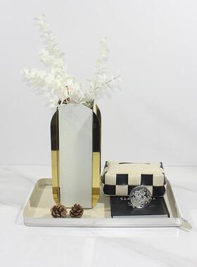 现代极简艺术皮革银边白色托盘样板间售楼处餐厅茶几桌面收纳摆件