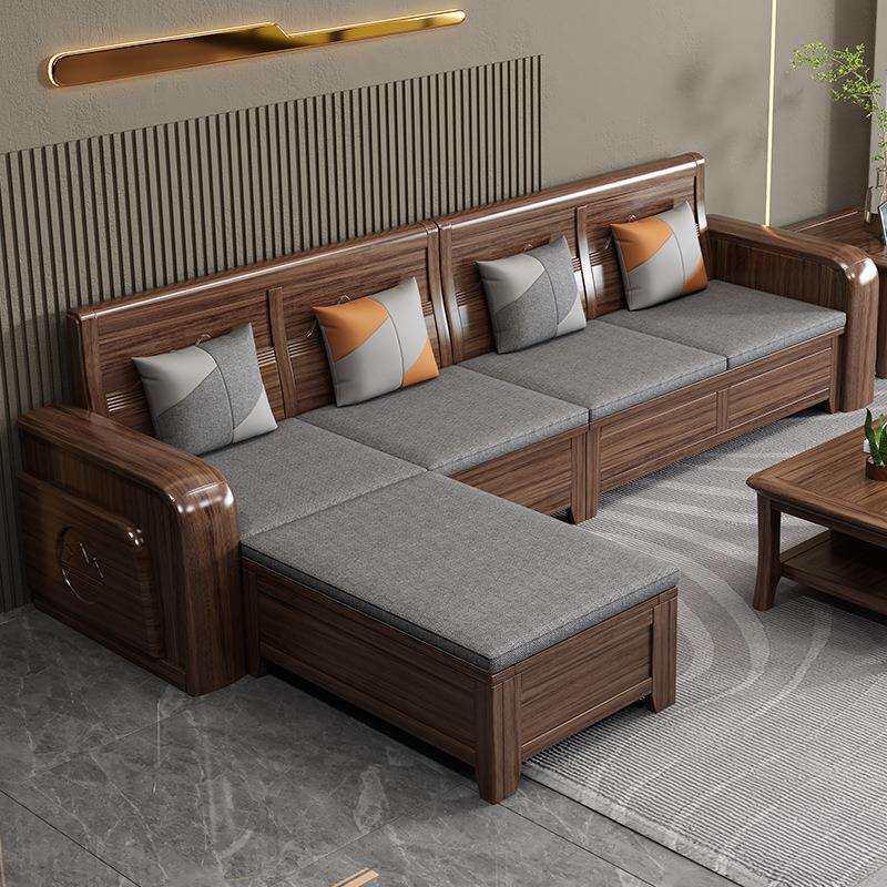 胡桃木实木沙发新中式转角贵妃客厅家具现代简约家用布艺沙发组合