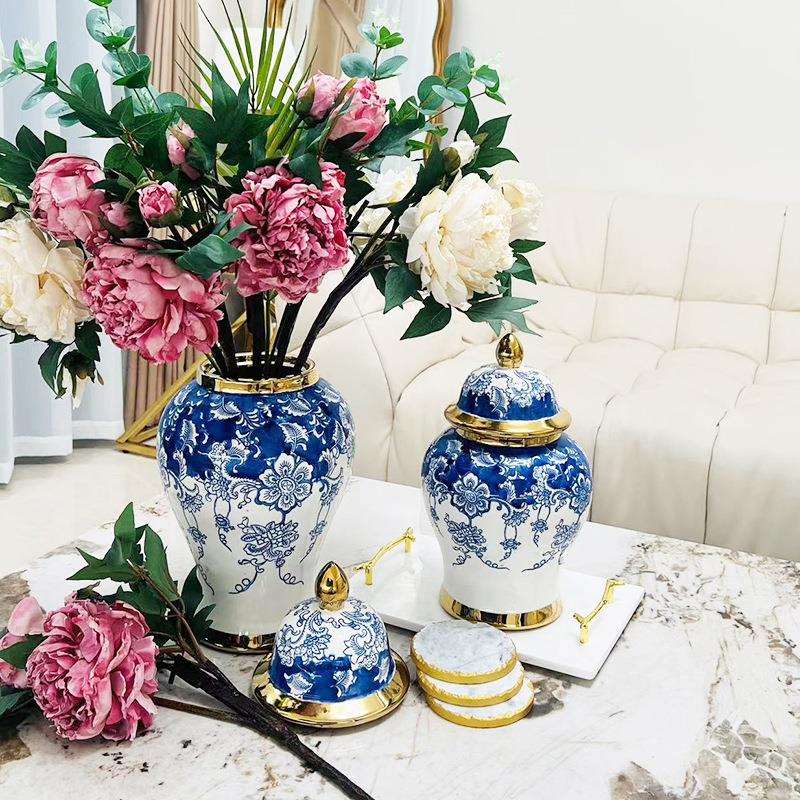 新中式轻奢电镀金色蓝釉青花陶瓷将军瓶客厅酒店样板房摆件花插