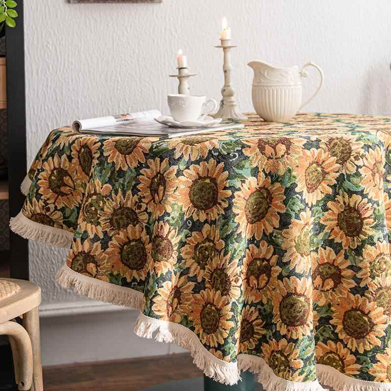 高档蔓家柜 法式复古圆桌越布向日台布棉麻流苏餐葵桌布电视茶几