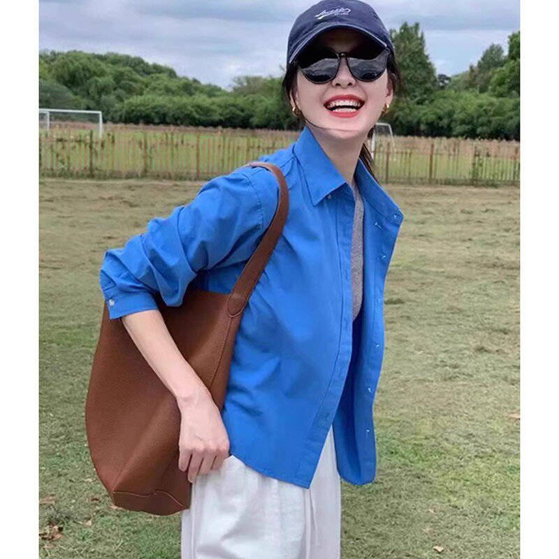 克莱因蓝衬衫外套女春夏新款宽松小个子短版衬衫外搭防晒开衫上衣
