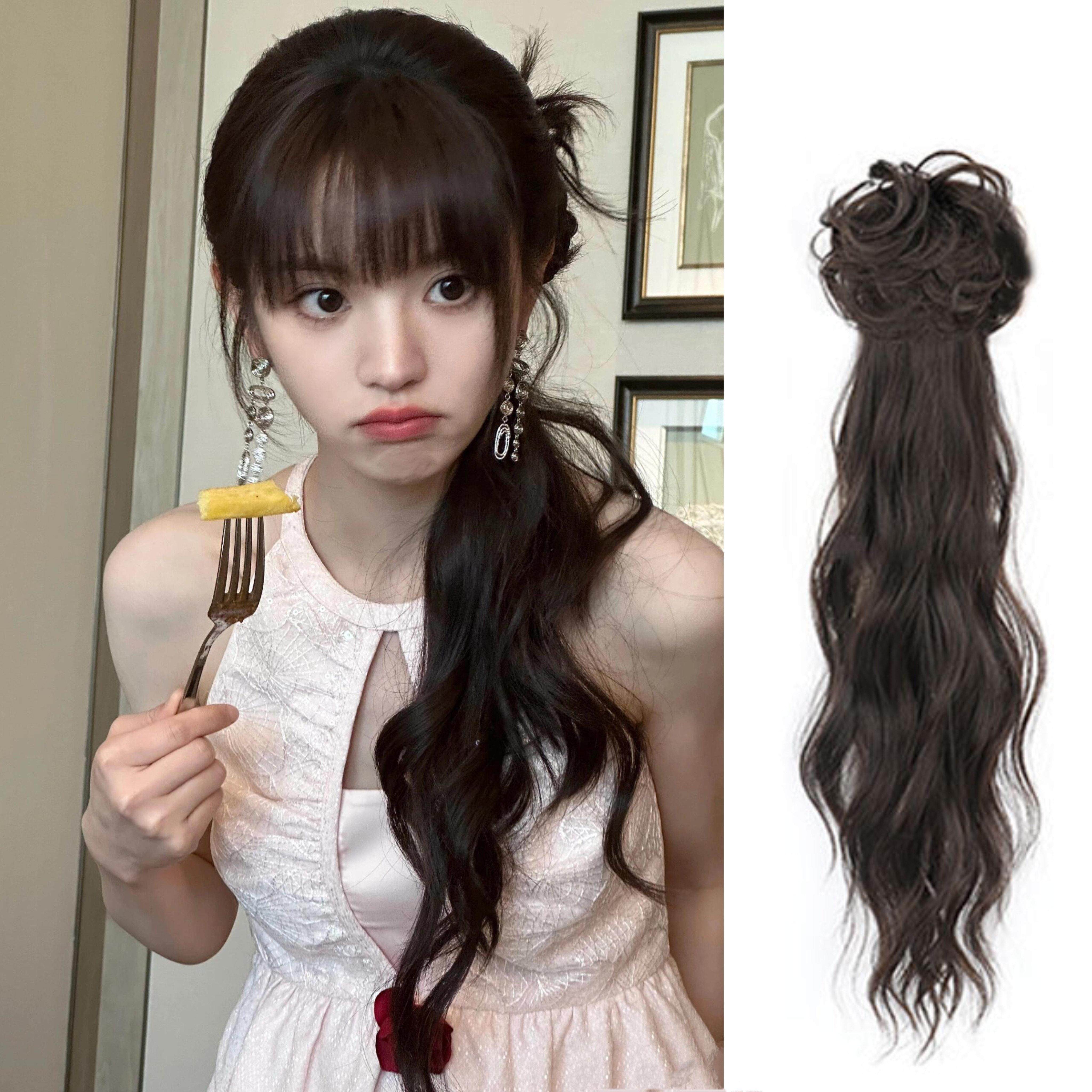 假发低马尾女新中式假发辫子抓夹可扎古风汉服旗袍微卷马尾假发