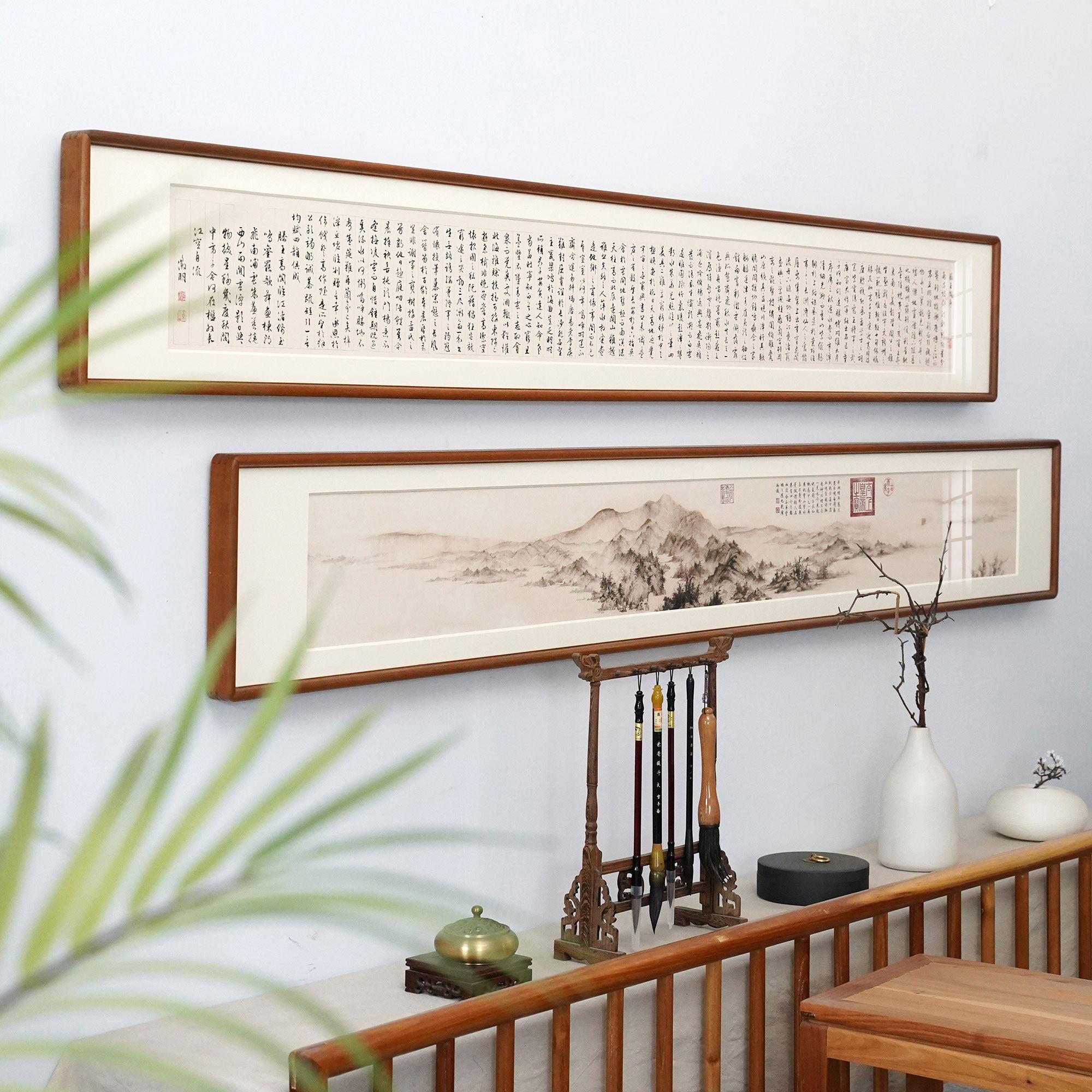 实木榫卯圆角卡纸新中式客厅民宿样板间壁挂装饰画 画山水窄长精