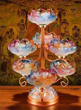 酥油灯座莲花七彩琉璃灯座烛台用品灯烛台家用七星灯架用品台摆件