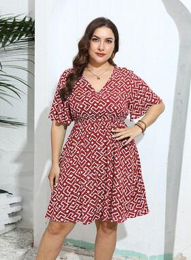 Plus Size Geometric Print Casual Loose V-Neck Summer Dresses