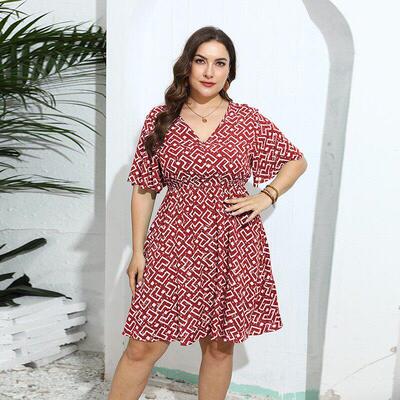 Plus Size Geometric Print Casual Loose V-Neck Summer Dresses