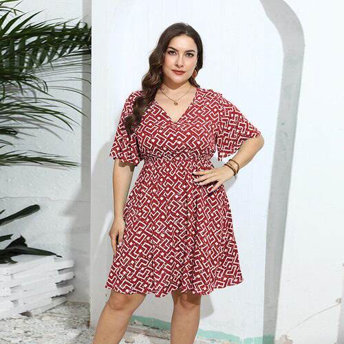 Plus Size Geometric Print Casual Loose V-Neck Summer Dresses
