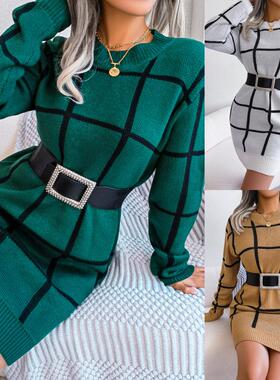 Checkered long sleeved base woolen dress for women's
