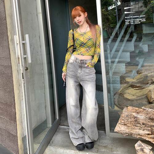 Grey wide leg jeans women's straight leg high waist