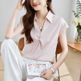 2024韩版短袖衬衫女夏款设计感小众白色上衣，高端洋气雪纺衬衣