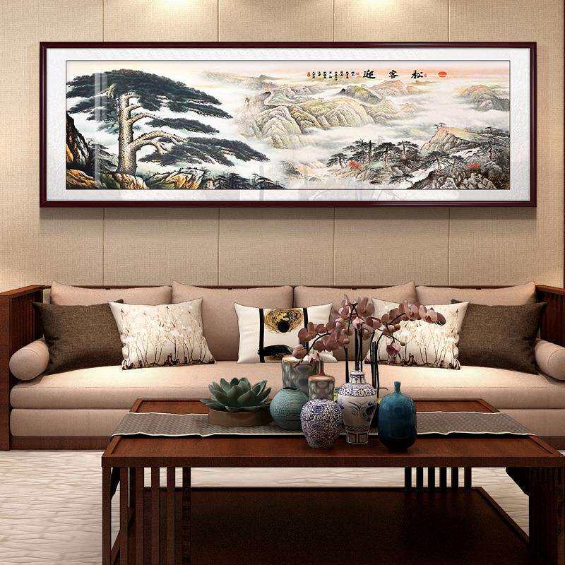 新中式客厅装饰画山水风景壁画大气靠山沙发背景迎客松办公室挂画
