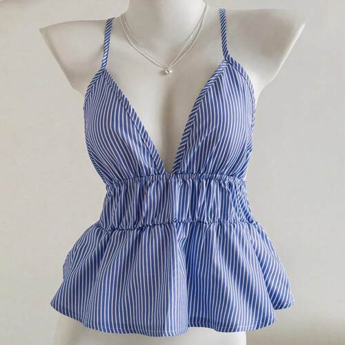 Strap vest women's summer pleated striped printed top