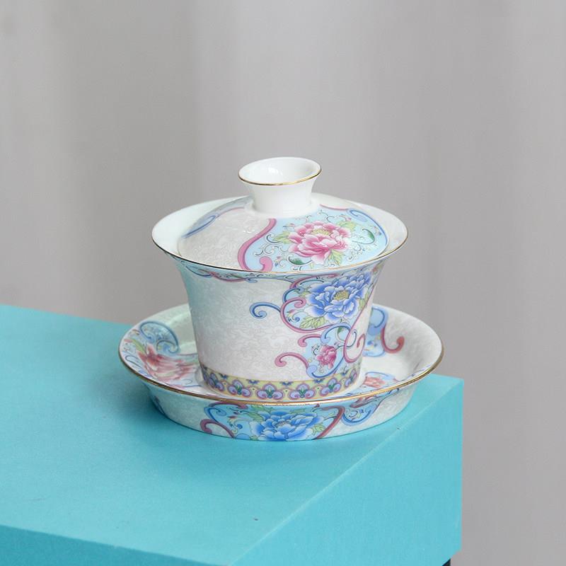 描金掐丝银珐瑯彩盖碗茶杯陶瓷功夫茶具三才茶碗家用泡茶器大号